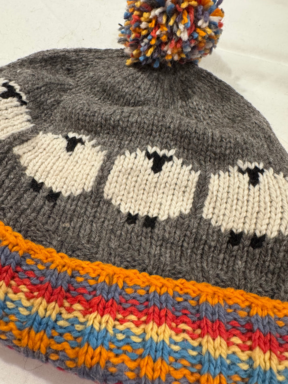 Wooly Wanderer Alpaca Beanie — Sheep Knit Hat with Rainbow Cuff