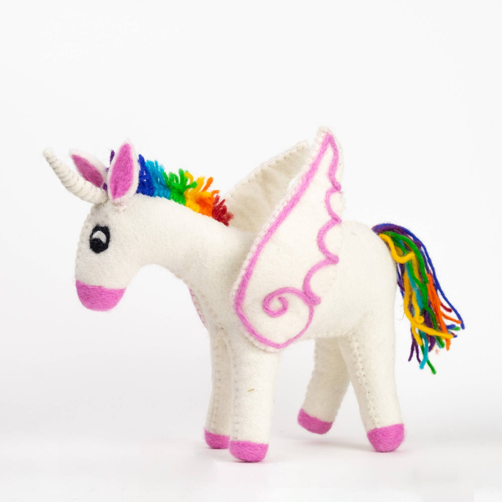 Rainbow unicorn hand-felted wool toy, alternate view