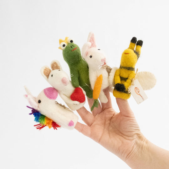Magic Meadow wool felt finger puppets - bee, bunny, frog and unicorn