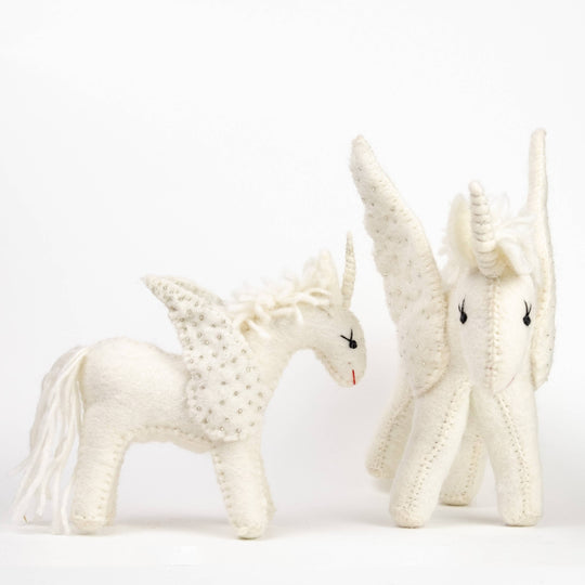 Sparkles the white unicorn hand-felted wool toy, alternate view