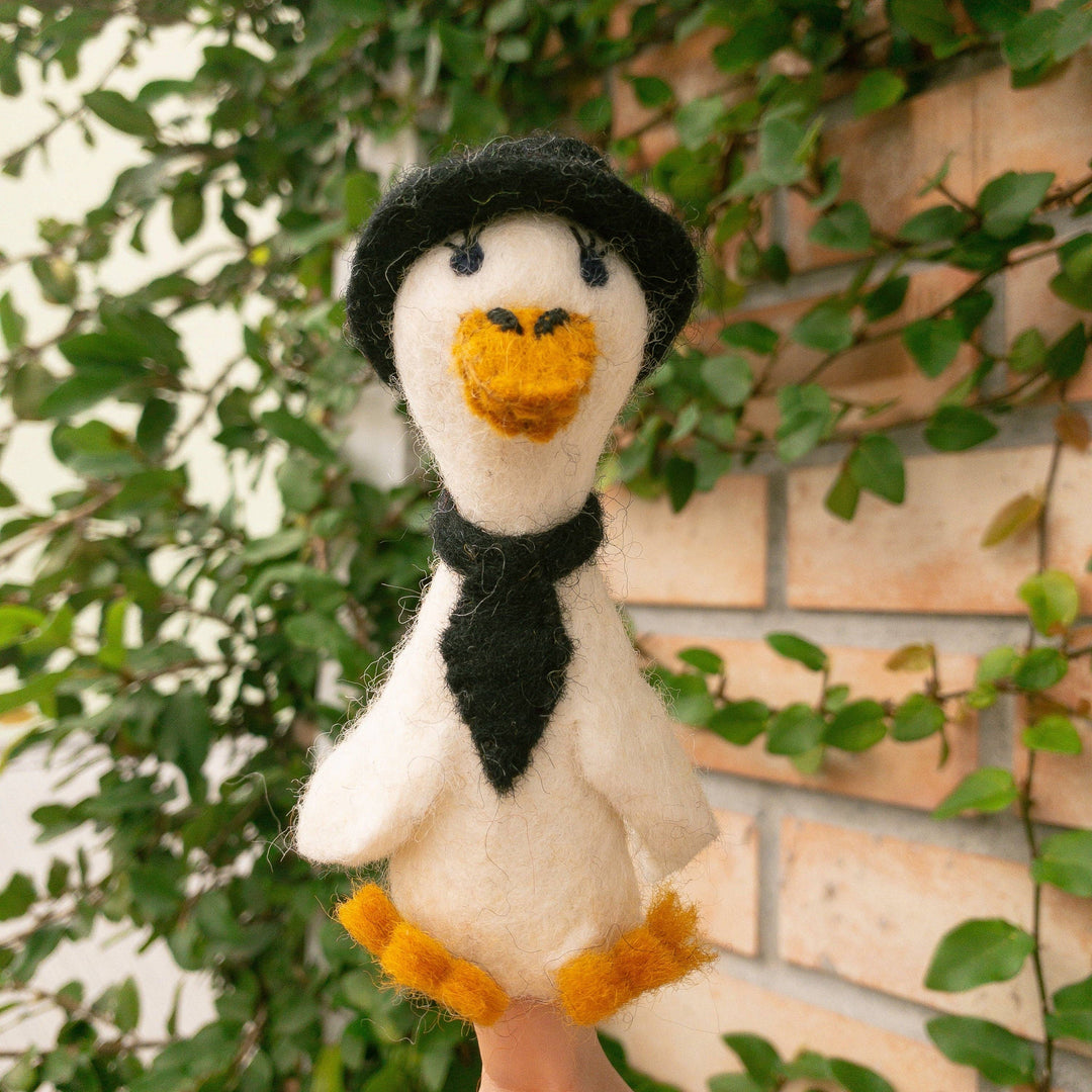 Hand-felted wool duck finger puppets, alternate view