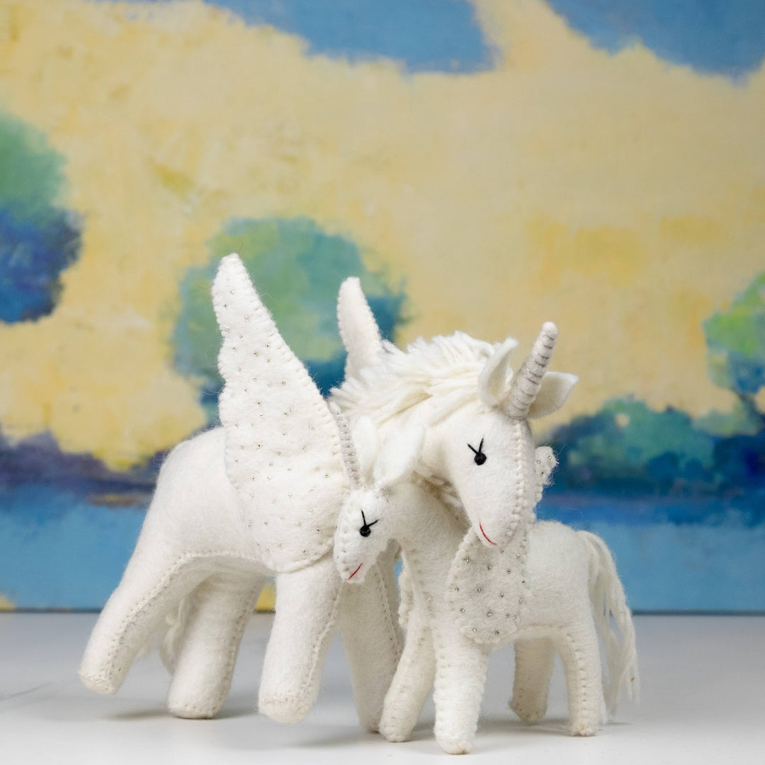 Sparkles the white unicorn hand-felted wool toy, alternate view