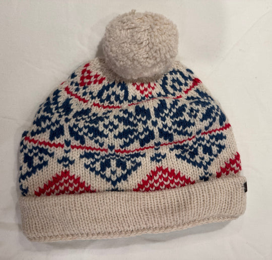 Nordic Fair Isle beanie with snowflakes in slate blue and red on cream, 100% alpaca, fleece-lined