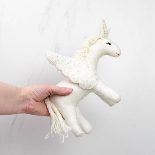 Sparkles the white unicorn hand-felted wool toy, alternate view