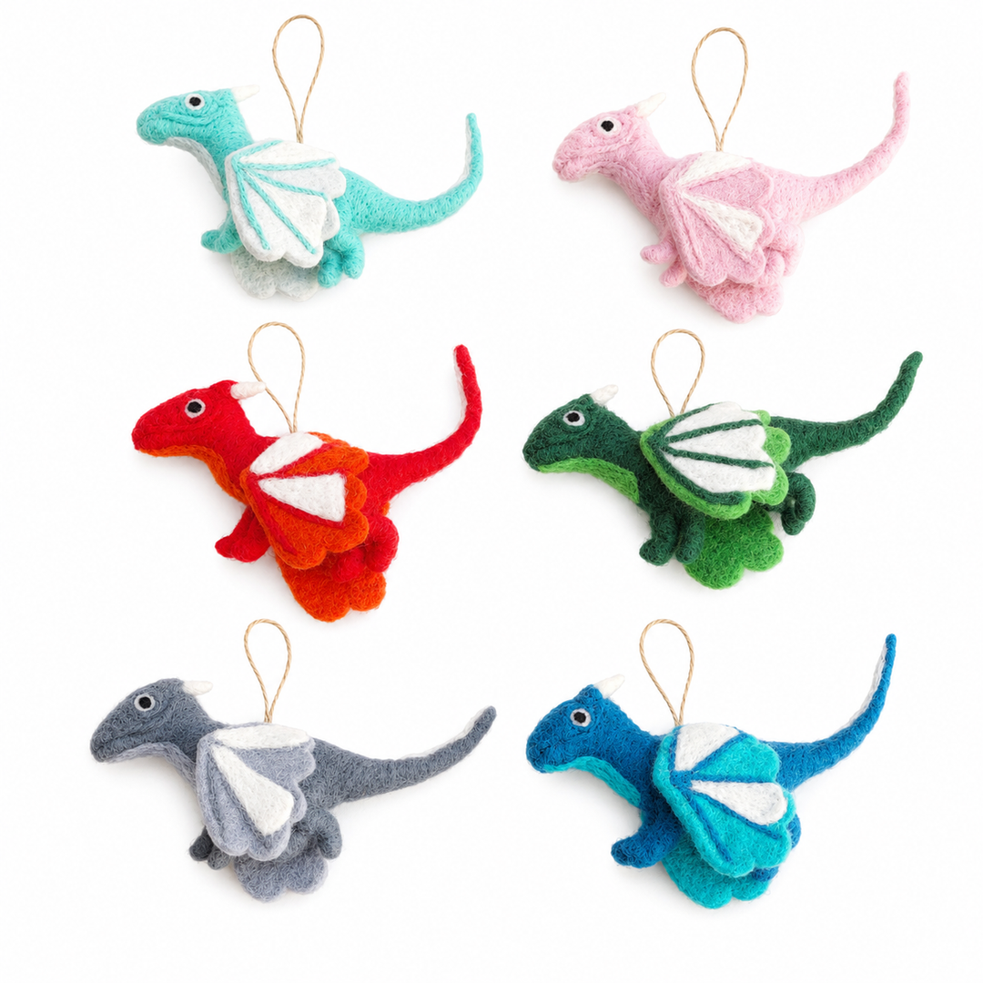 Handmade felt flying dragon ornament from Enchanted Farms, Duvall WA