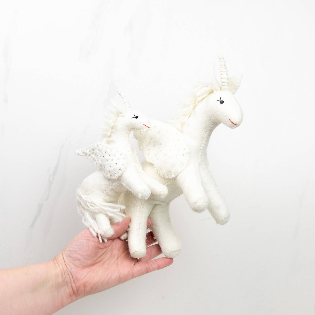 Sparkles the white unicorn hand-felted wool toy, alternate view
