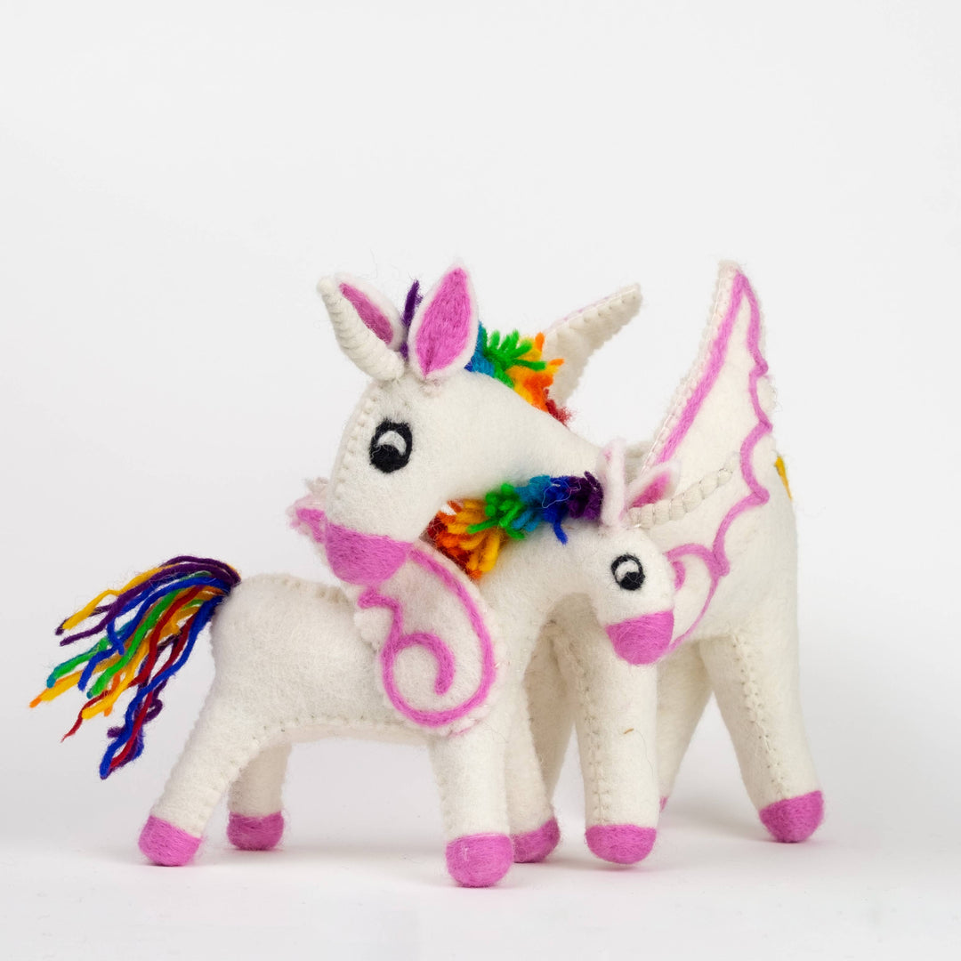 Rainbow unicorn hand-felted wool toy from Enchanted Farms, Duvall WA