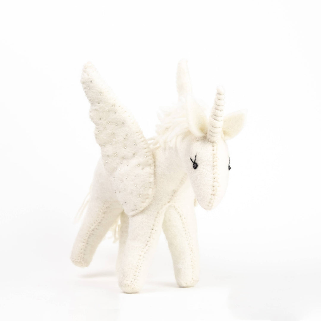Sparkles the white unicorn hand-felted wool toy, alternate view