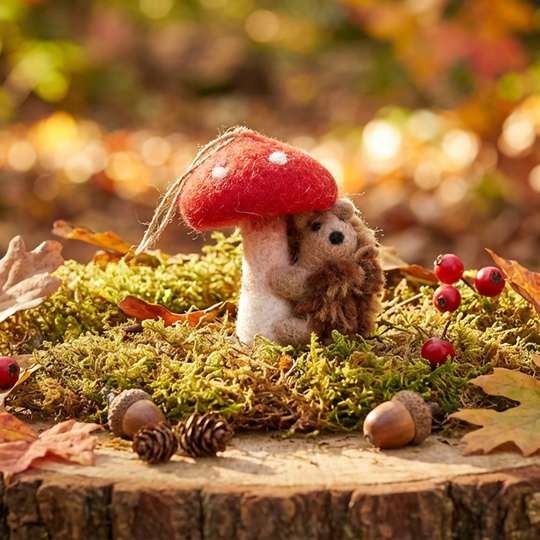 Handmade Felt Toadstool Hedgehog Hanging Decoration