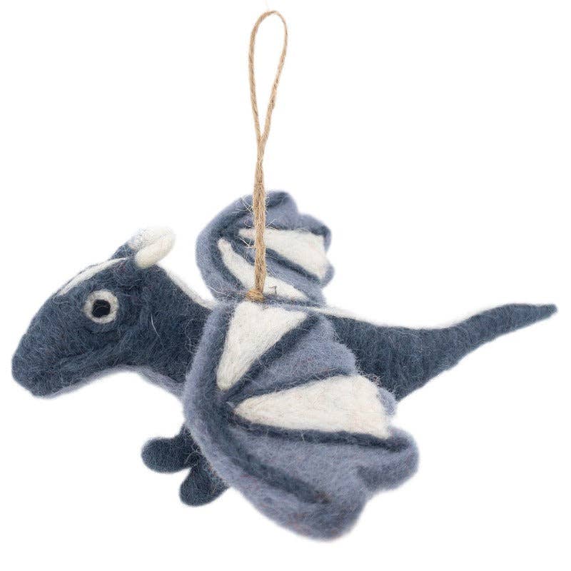 Handmade felt flying dragon ornament, alternate view
