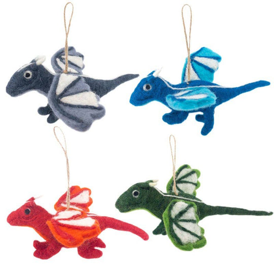 Handmade felt flying dragon ornament, alternate view