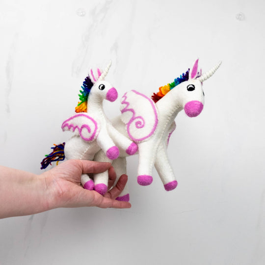 Rainbow unicorn hand-felted wool toy, alternate view