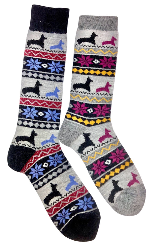 Nordic alpaca socks with alpacas and snowflakes knitted into the pattern