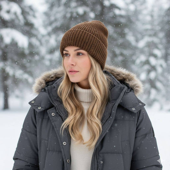 Cardigan knit alpaca beanie in fawn — view 4