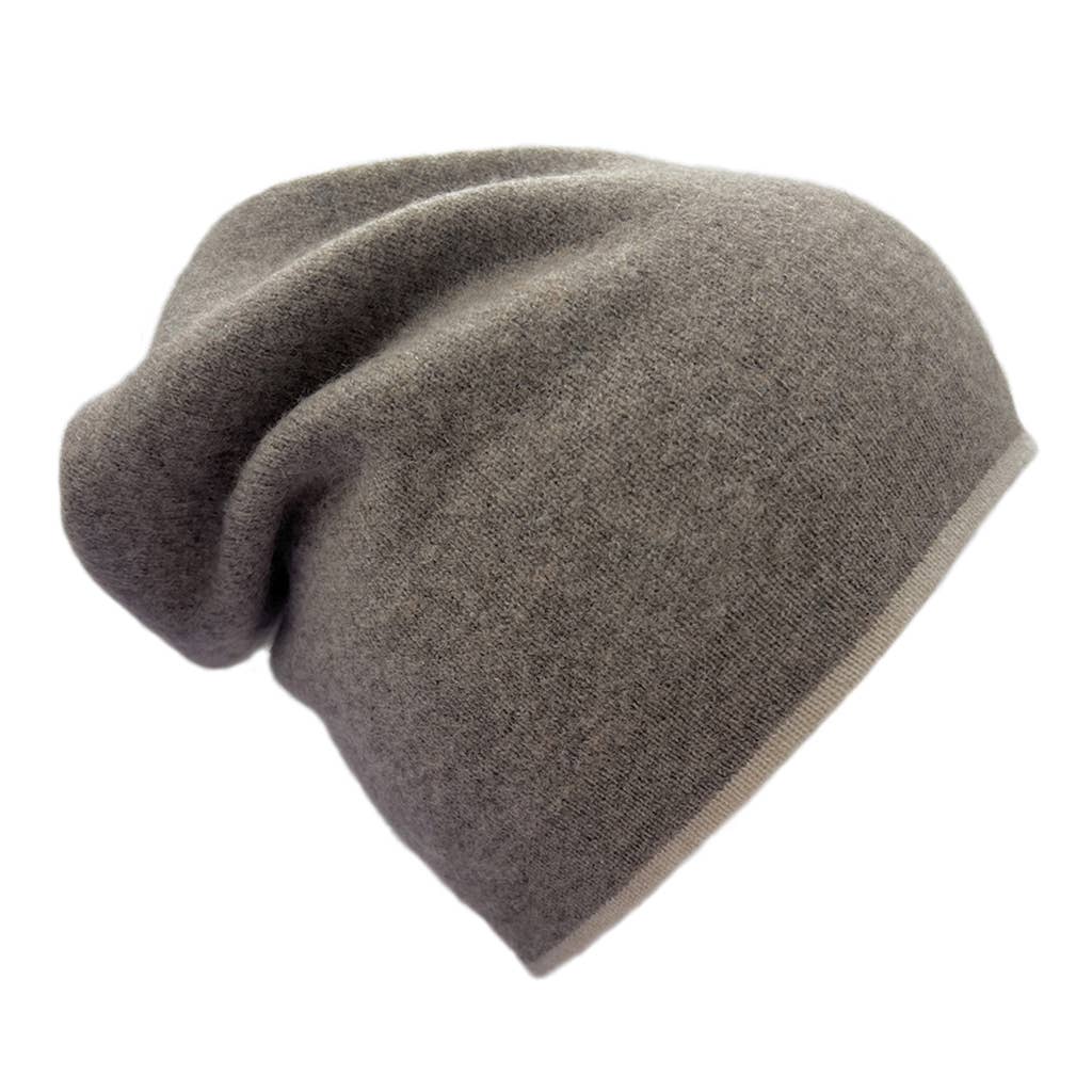 Coffee and cream reversible beanie in handloomed Himalayan cashmere