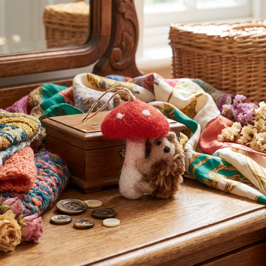 Handmade Felt Toadstool Hedgehog Hanging Decoration