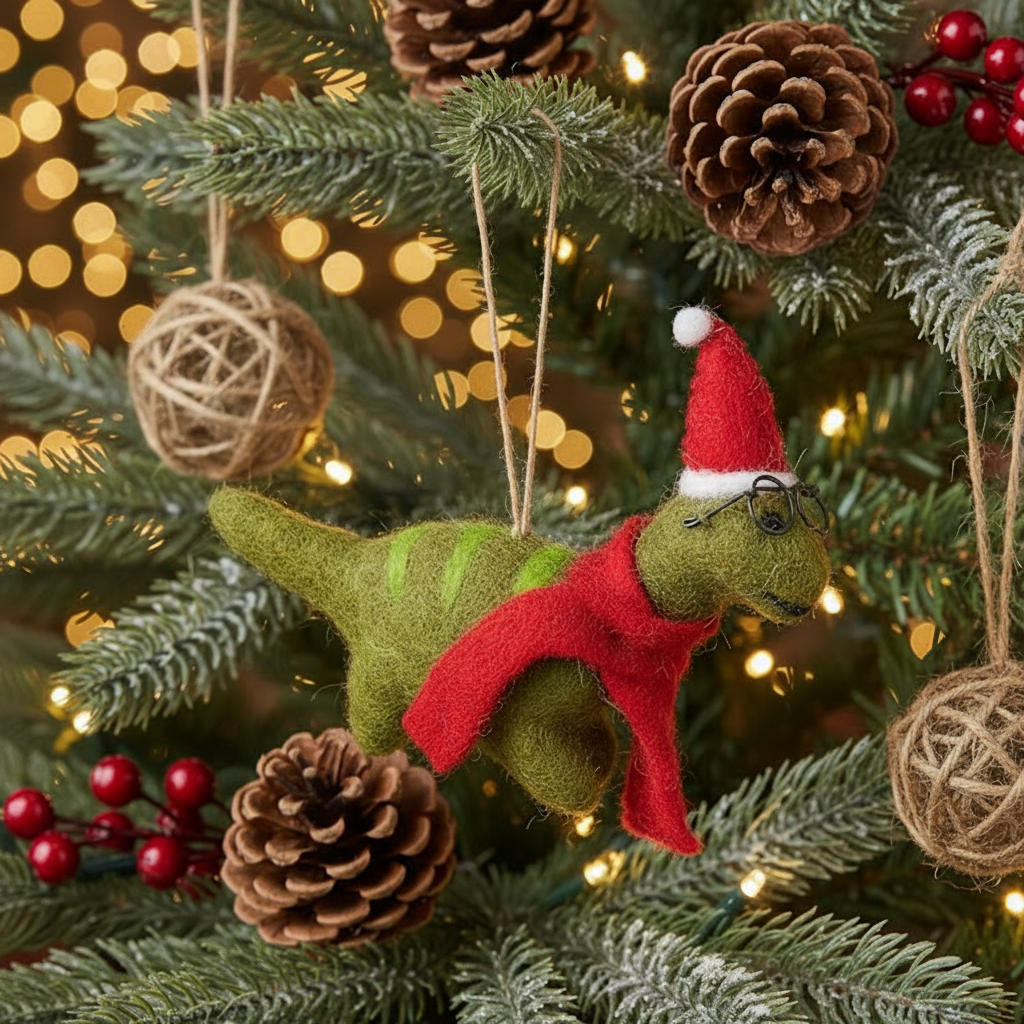 Handmade Felt Hanging Christmas Dinosaur with Specs Tree