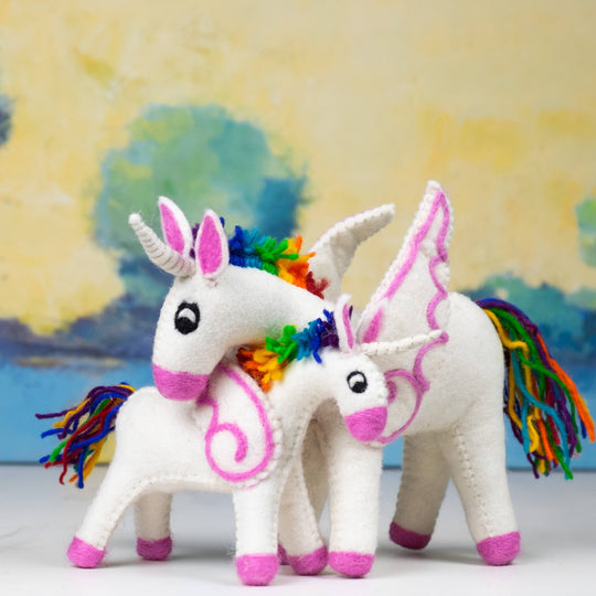 Rainbow unicorn hand-felted wool toy, alternate view