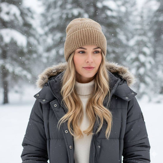 Cardigan knit alpaca beanie in fawn, double-layered rib knit, made in the USA from US-grown alpaca