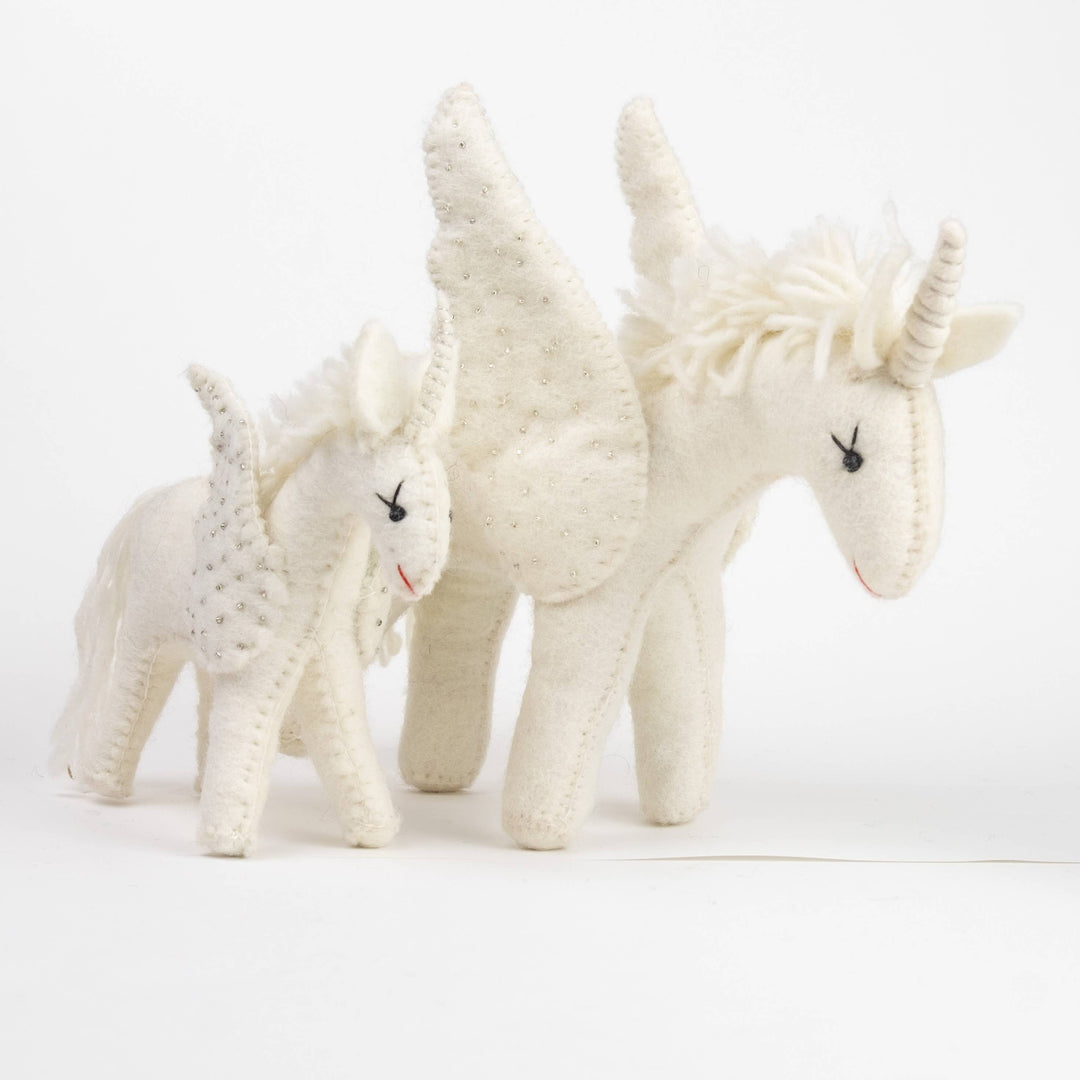 Sparkles the white unicorn, hand-felted wool toy from Enchanted Farms