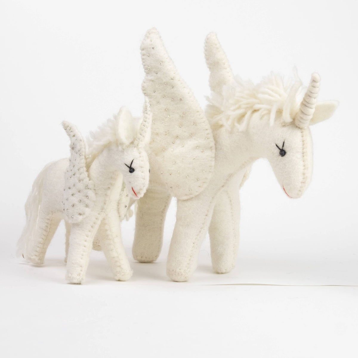 Sparkles the white unicorn, hand-felted wool toy from Enchanted Farms