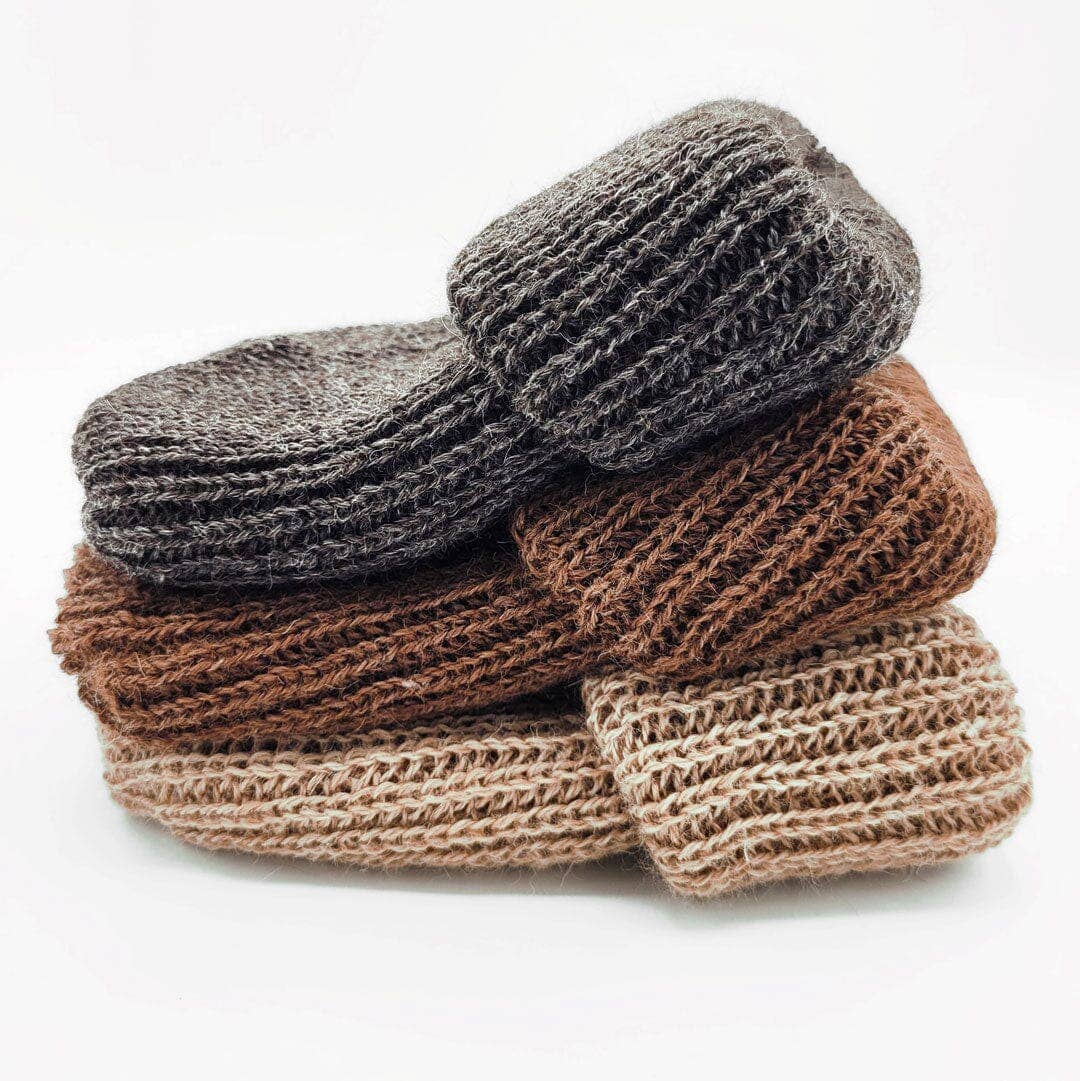 Cardigan knit alpaca beanie in fawn — view 5