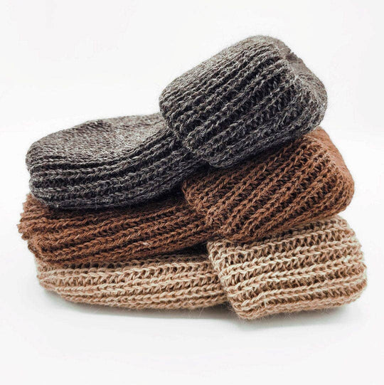 Cardigan knit alpaca beanie in fawn — view 5