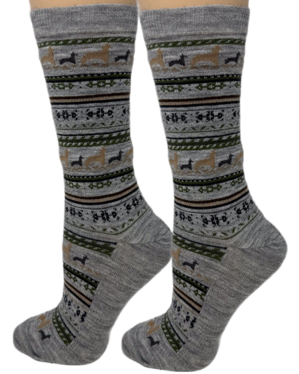 Paca Print Alpaca Crew Socks in Silver — alpaca-pattern socks