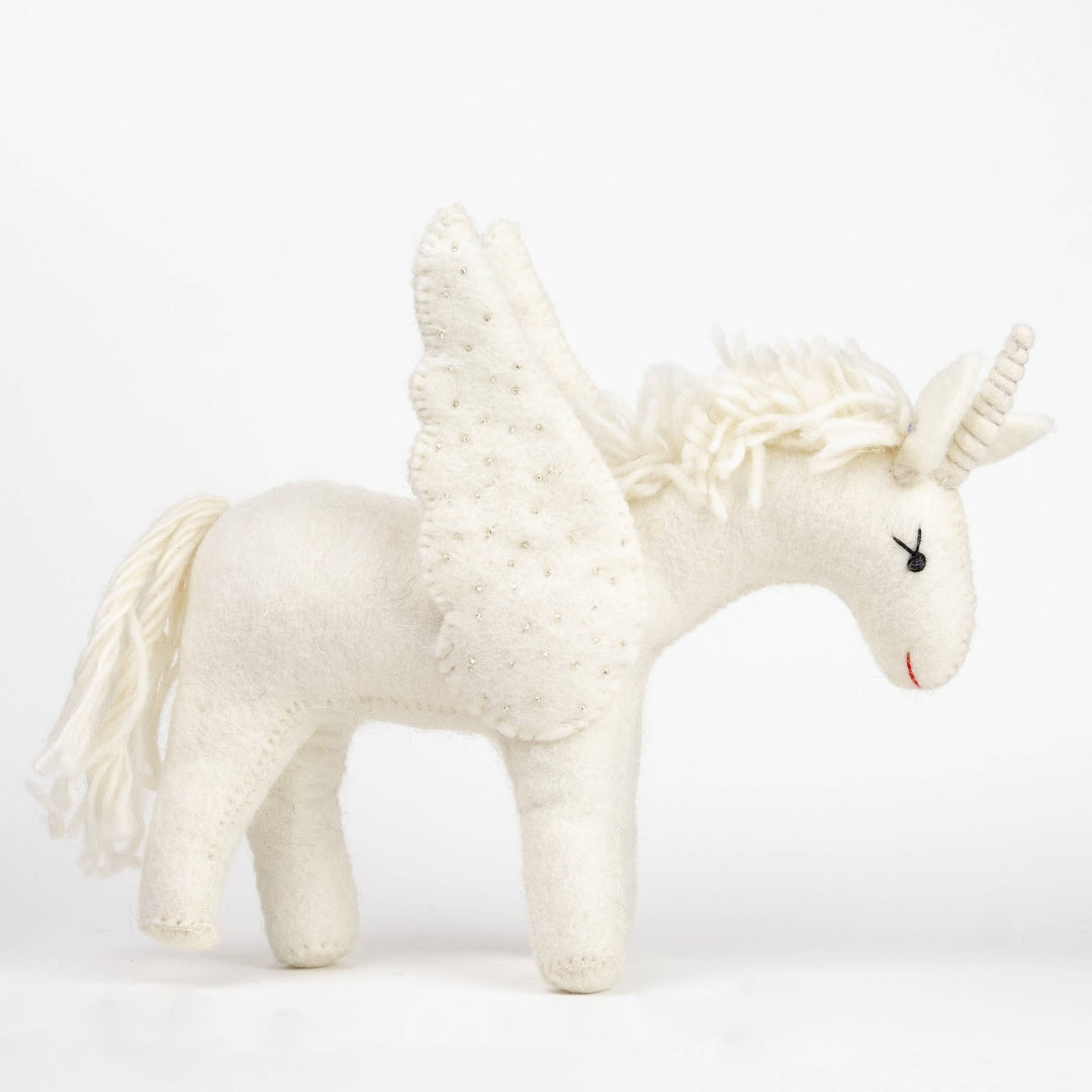 Sparkles the white unicorn hand-felted wool toy, alternate view