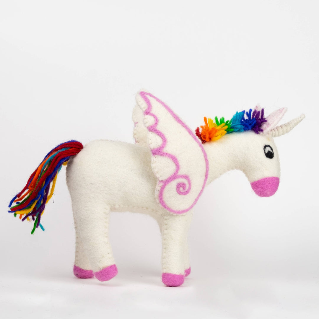 Rainbow unicorn hand-felted wool toy, alternate view