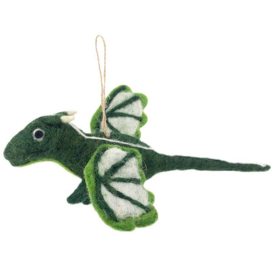 Handmade felt flying dragon ornament, alternate view