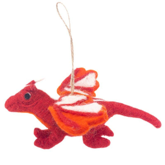 Handmade felt flying dragon ornament, alternate view