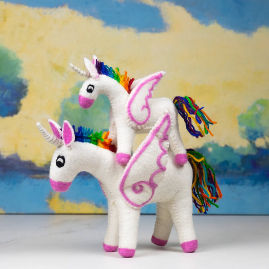 Rainbow unicorn hand-felted wool toy, alternate view