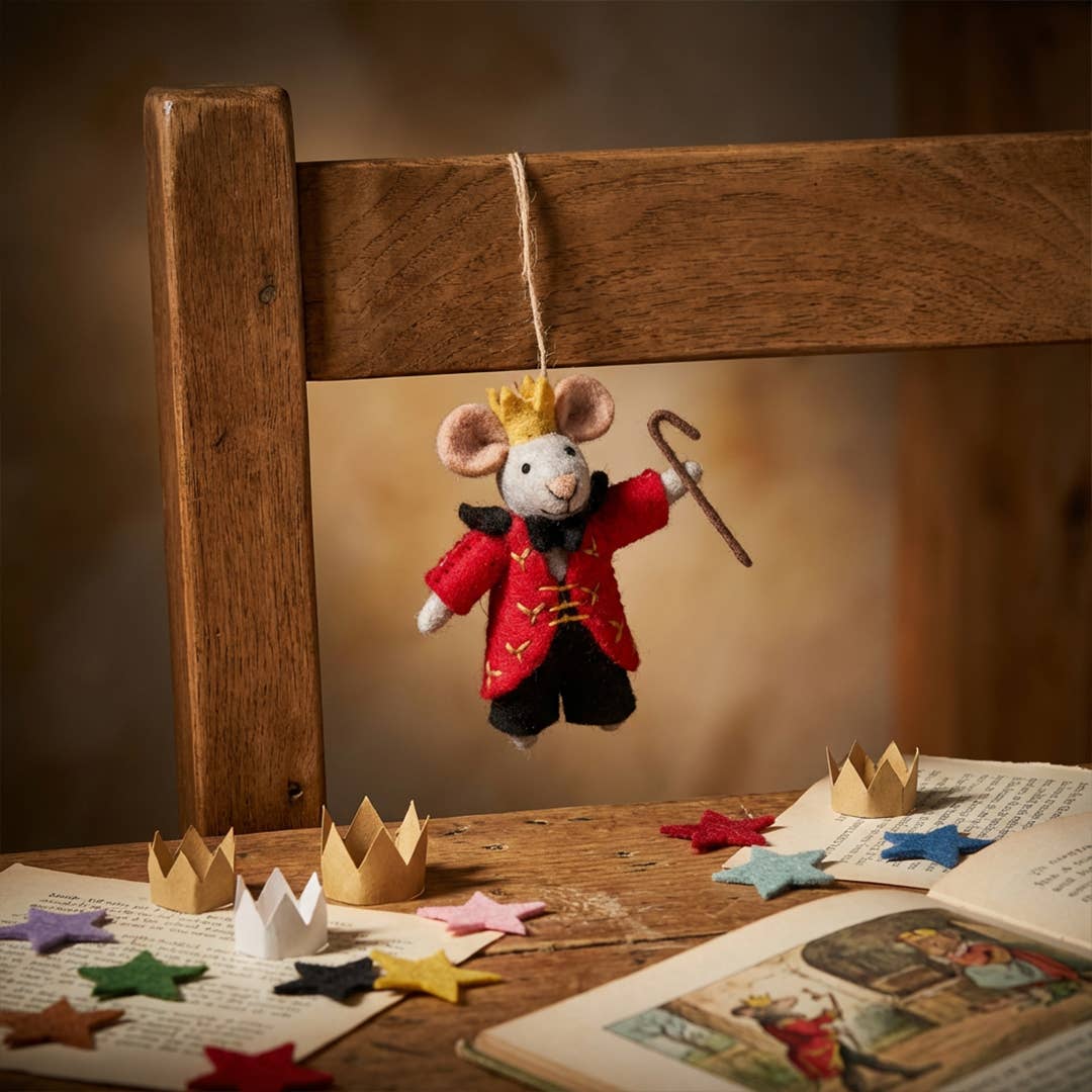 Nutcracker Mouse King hand-felted Christmas ornament in royal red and gold