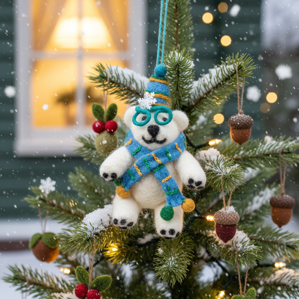 Handmade Felt Cosmo the Polar Bear Xmas Decoration