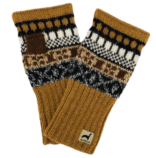 Peruvian Natural fingerless alpaca gauntlets with Andean geometric patterning