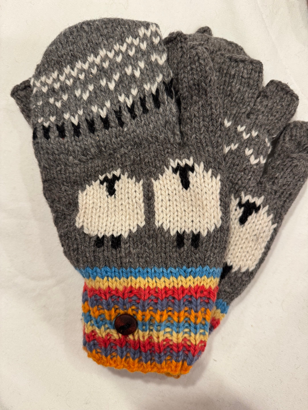 Convertible flip-top mittens with knitted cream sheep on heathered gray, 100% alpaca fingerless gloves