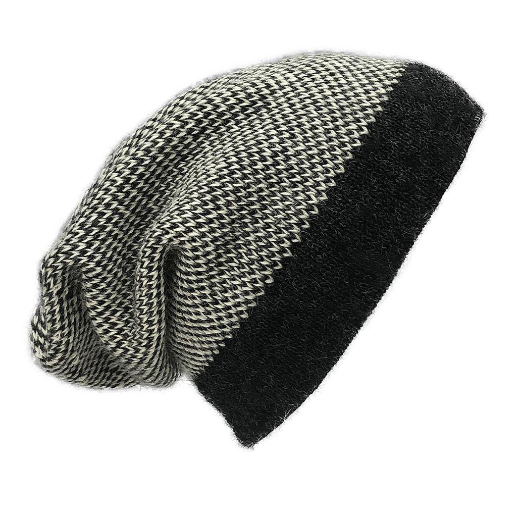 Midnight interwoven slouch beanie in 100% alpaca, black and white threads