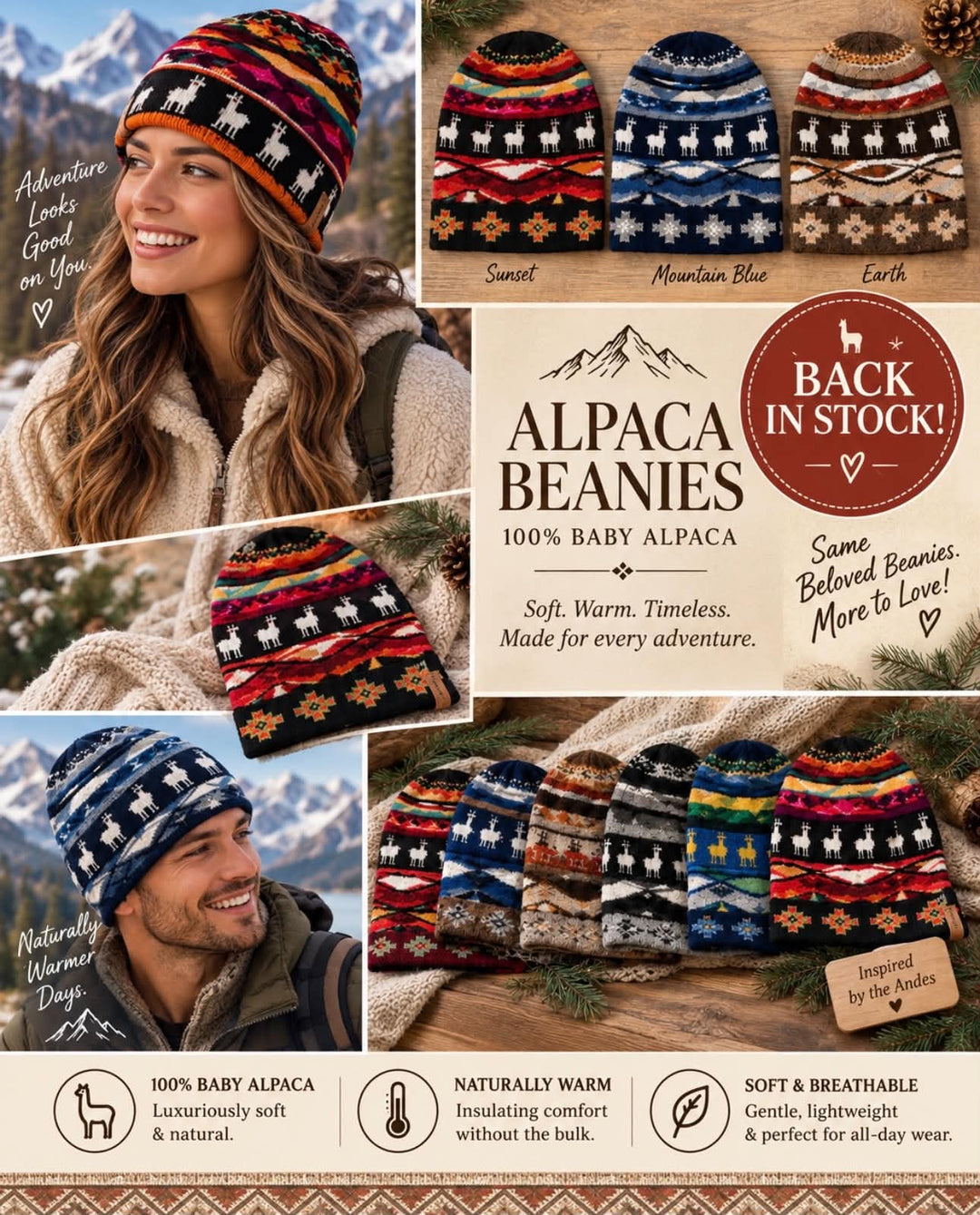 Baby alpaca beanie with little alpacas knit across bold Andean bands