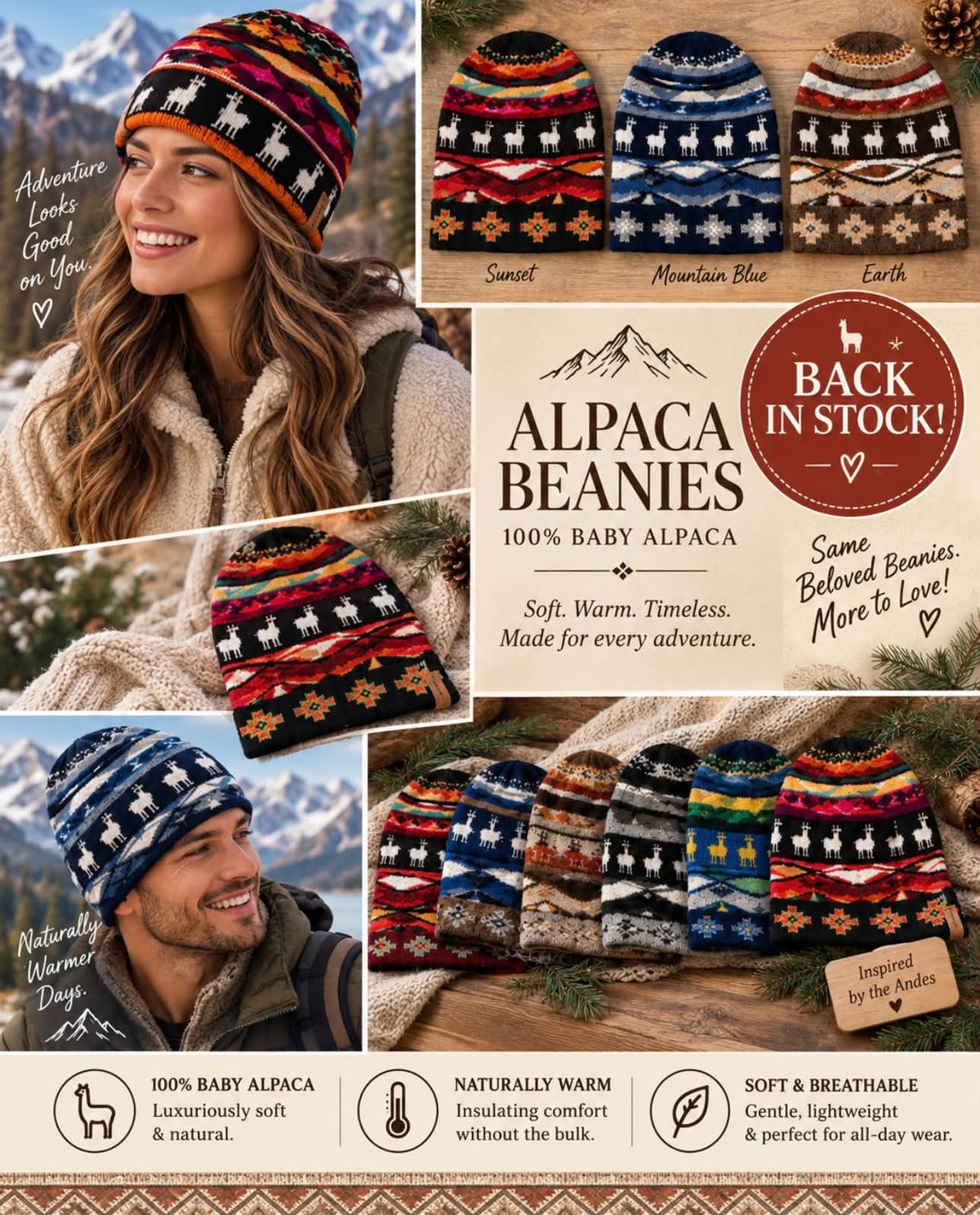 Baby alpaca beanie with little alpacas knit across bold Andean bands
