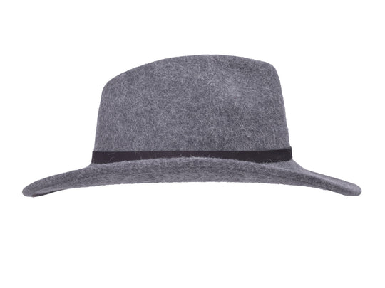 Grey melange Melbourne alpaca felt hat, worn