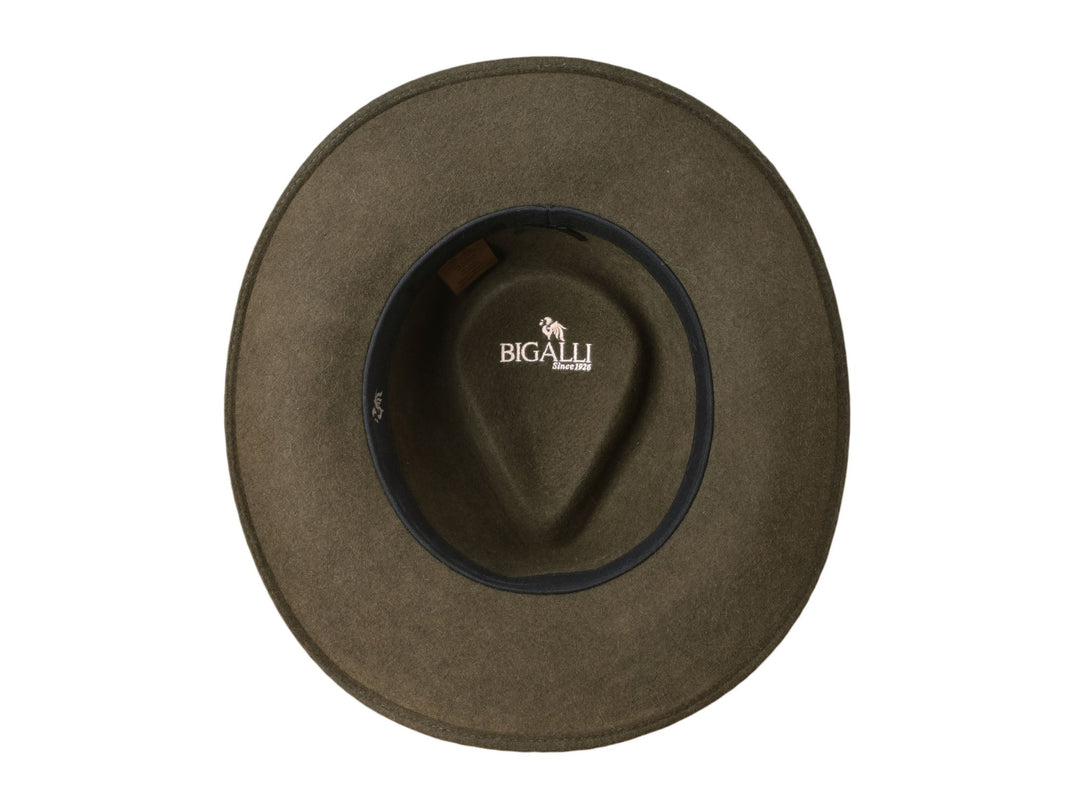 Moss green Melbourne alpaca felt hat, worn outdoors