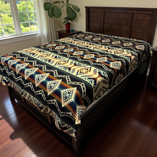 Cuzco Plaza de Armas geometric colorful Alpaca Wool Blanket styled on a bed in a cozy bedroom setting at Enchanted Farms.
