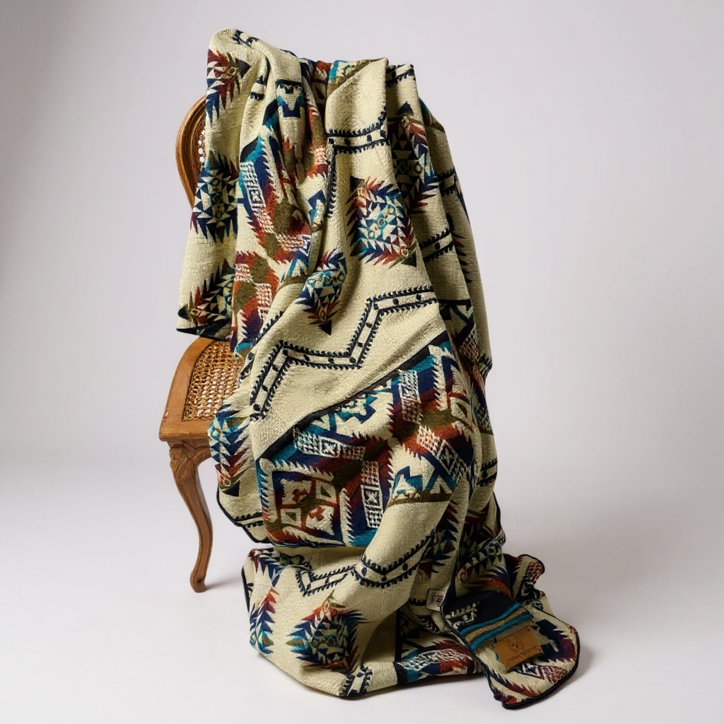 Cuzco Plaza de Armas Alpaca Wool Blanket displayed on a light wooden chair with geometric Andean-inspired design.