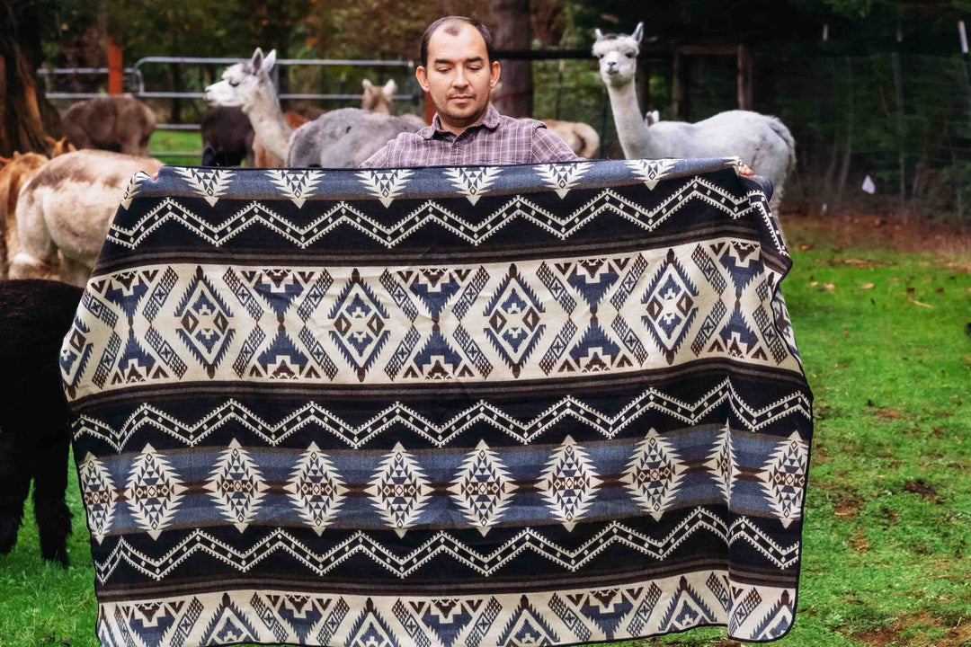 A person holding an alpaca wool blanket with a geometric pattern, standing in front of alpacas at Enchanted Farms