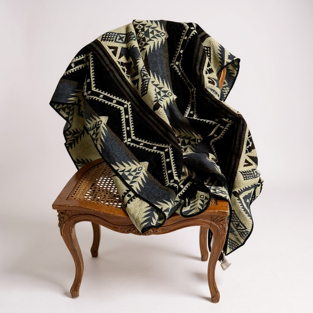 Cuzco Stone Alpaca Wool Blanket draped over a vintage wooden chair — soft artisan alpaca textile from Enchanted Farms
