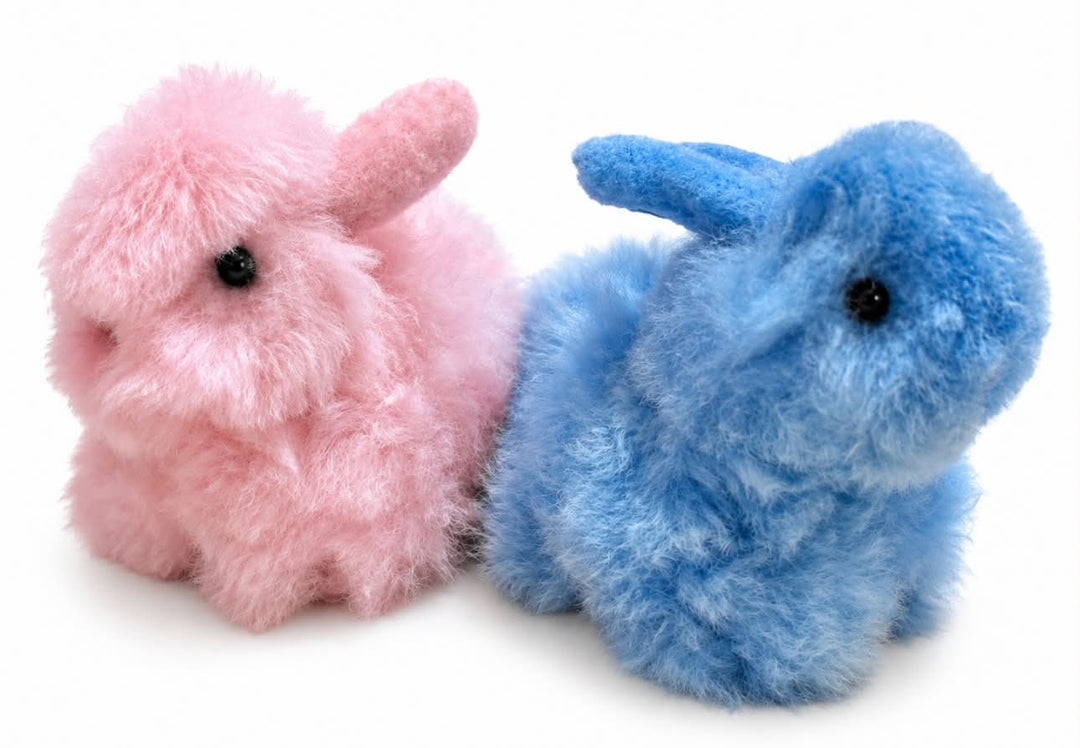 Clover the Bunny, a small alpaca stuffie in soft blue or pink
