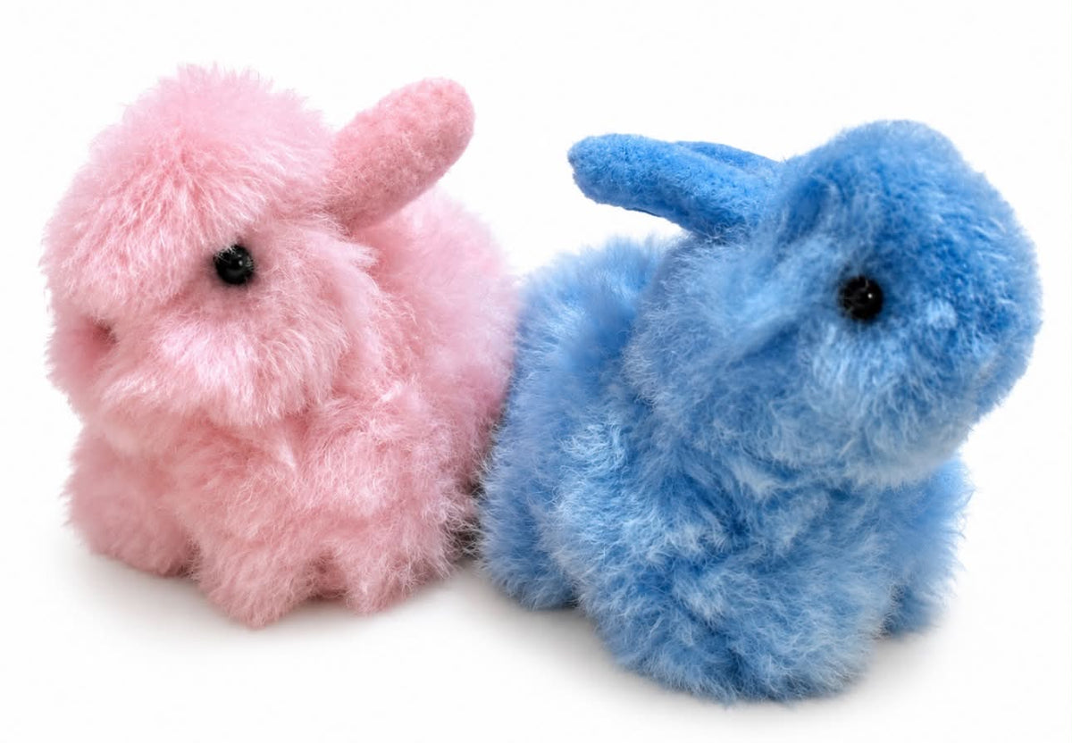 Clover the Bunny, a small alpaca stuffie in soft blue or pink