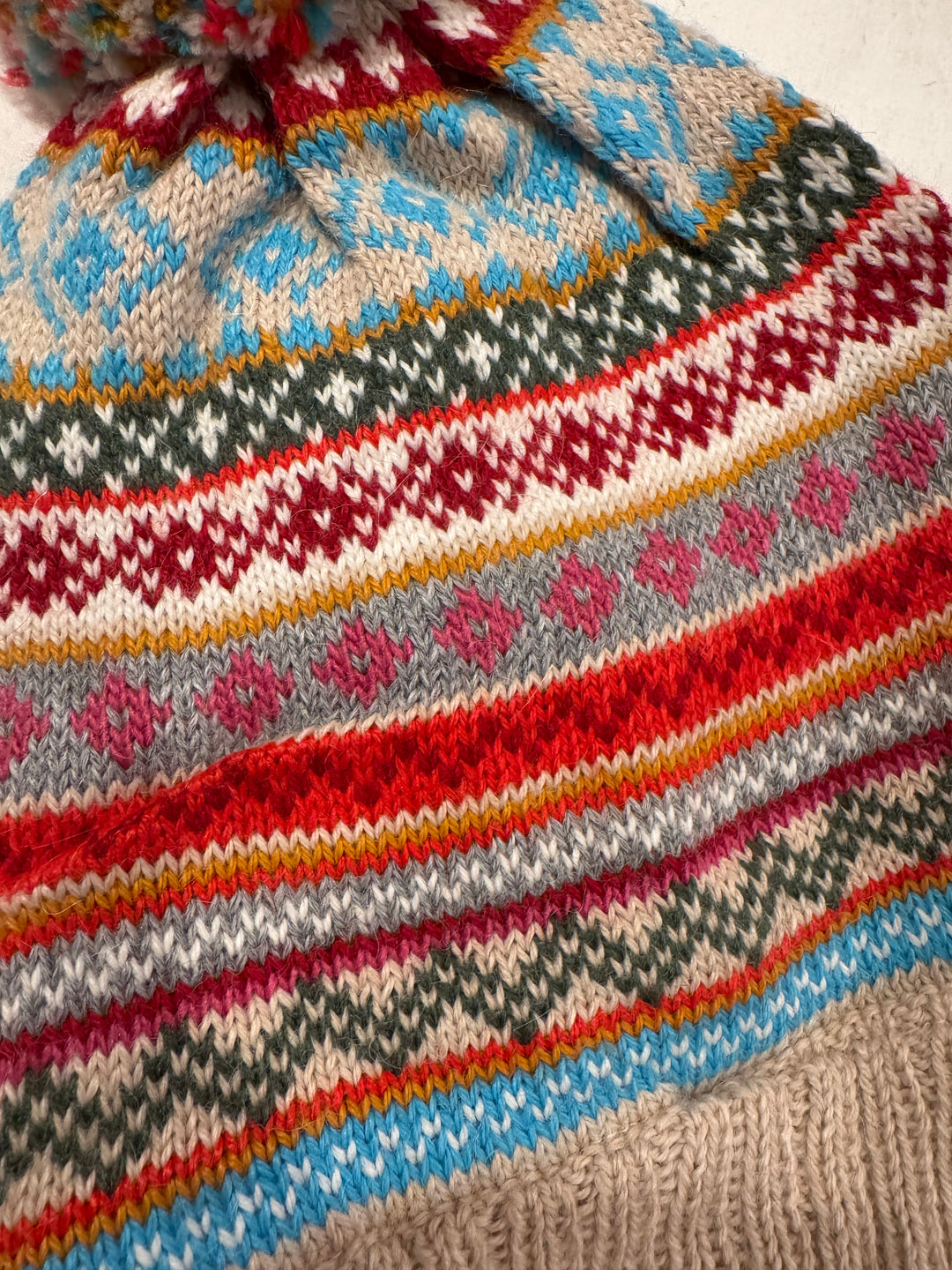 Alpine Confetti Beanie — Hand-Knit Fair Isle Pom Hat