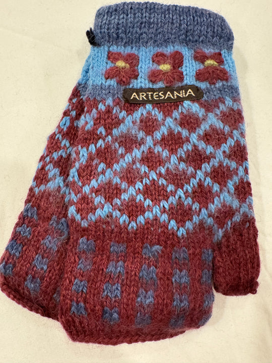 Burgundy Blooms Alpaca Fingerless Gloves — Hand-Embroidered Fair Isle